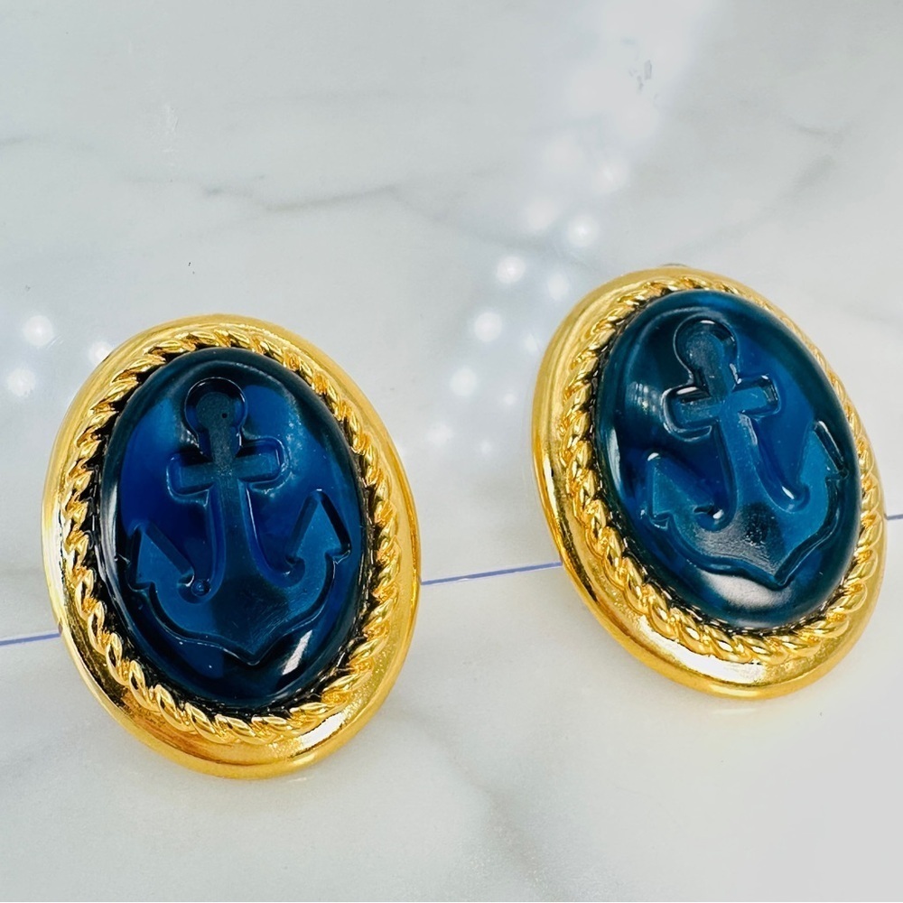 Vintage Trifari Blue Anchor Earrings Clip On Blue Gold Large Signed Statement